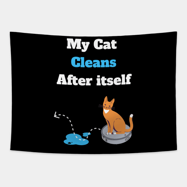 Funny elegant cat riding on vacuum robot cleaner Tapestry by Artstastic