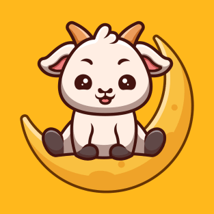 Goat Sitting On Moon Cute Cartoon T-Shirt