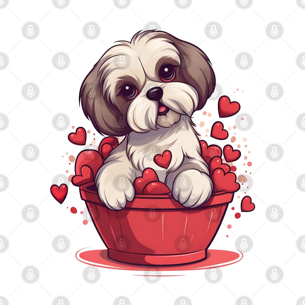 Cartoon Shih Tzu Dog in Hearts Basket by Chromatic Fusion Studio