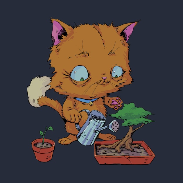 Orange Cat Watering a Bonsai Tree and Plants by Hutchew