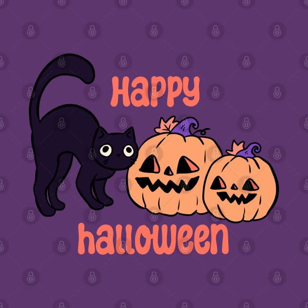 Happy halloween Cute black cat and pumpkin heads by Yarafantasyart