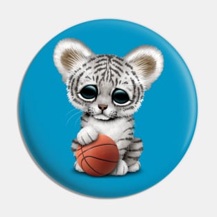 White Tiger Cub Playing With Basketball Pin