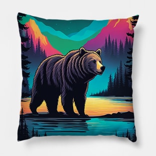 Grizzly Bear Standing Proud On A Lake With Starry Night Pillow