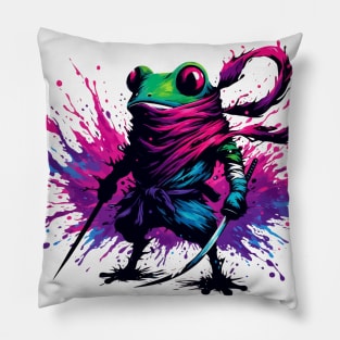 Cool Japanese Ninja Samurai Frog Ink Splash Art Pillow