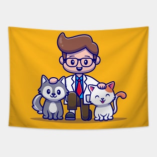 Veterinarian With Cat And Dog Cartoon Tapestry