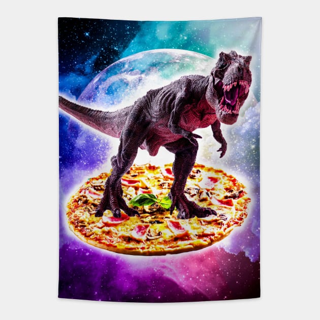 Tyrannosaurus Rex Dinosaur Riding Pizza In Space Tapestry by Random Galaxy