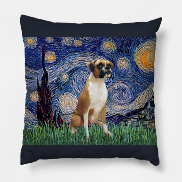 Starry Night (Van Gogh) Adapted to Feature a Boxer (natural ears) Pillow by Dogs Galore and More