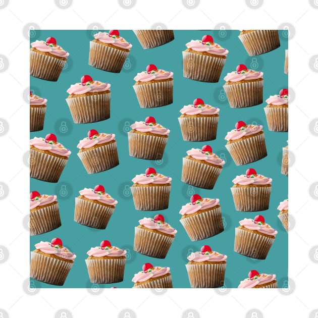 Cherry on Top Cupcakes with Sprinkles and Pink Frosting Decoration Pattern on Teal by ArtMorfic