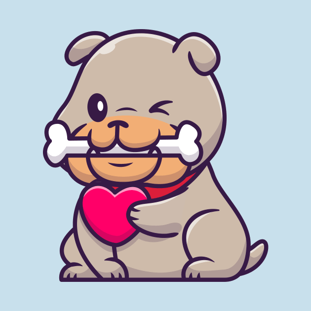 Cute Bulldog Bite Bone And Holding Heart Cartoon by Catalyst Labs