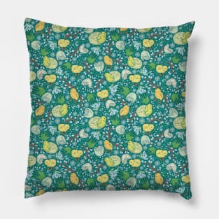 Chickens amount eggshell with snowdrops and willow on blue background Pillow