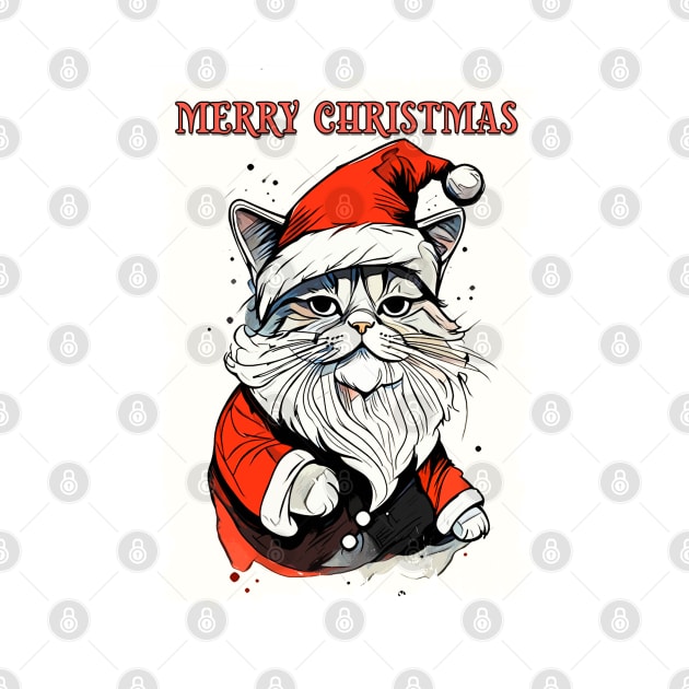 Funny Merry Christmas Quote Cute Santa Claus Cat Illustration for Pet Lovers and Owners by Naumovski