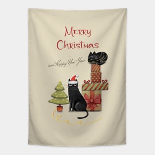 Merry Christmas - Black cats with Santa hat. Tapestry