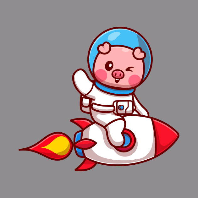 Cut Pig Astronaut Riding Rocket And Waving Hand Cartoon by Catalyst Labs