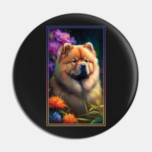 Chow Chow Dog Vibrant Tropical Flower Tall Digital Oil Painting Portrait 2 Pin