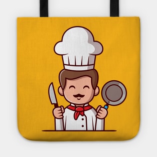 Cute Chef Holding Frying Pan And Knife Cartoon Tote