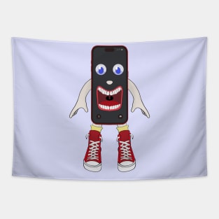 Smartphone with huge mouth wearing sneakers Tapestry