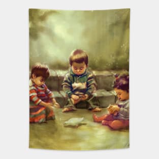 Three kids feeding a pidgeon Tapestry