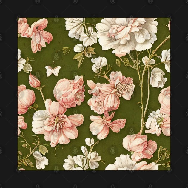 Vintage Floral Light Pink and White Flowers on Olive Green by VintageFlorals