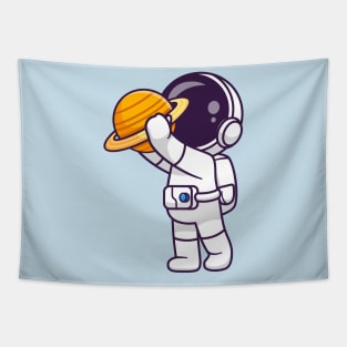 Cute Astronaut Holding Planet Cartoon Tapestry