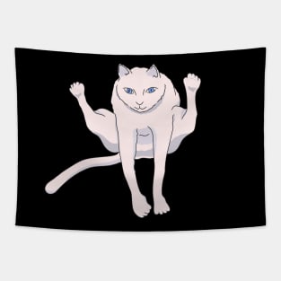 Acrobatically jumping white athlete cat Tapestry