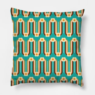Retro Waves and Flowers, Teal, Orange, Chocolate Pillow
