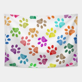 Colorful vibrant colored doodle paw prints Tapestry