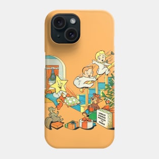 Happy children going down the stairs on Christmas morning to see the gifts that Santa Claus left under the pine tree Comic Retro Vintage Phone Case