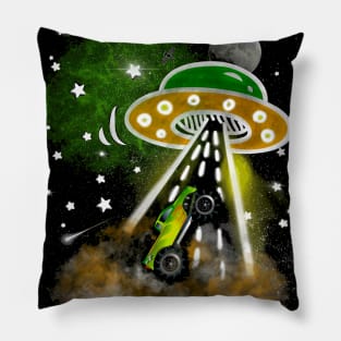 Monster Truck Alien Abduction Funny Cartoon Illustration Pillow