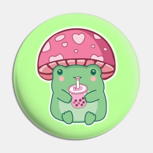 Kawaii Frog Mushroom Hat Drinking Pink Strawberry Boba Tea Pin