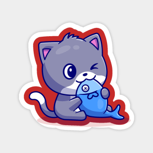 Cute Cat Eating Fish Cartoon Magnet