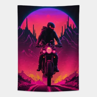 Cyberpunk Motorcyclist Riding Down A Road With Synthwave Sun Behind Him Tapestry