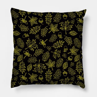 Autumn Doodle Leaves Gold On Black Pillow