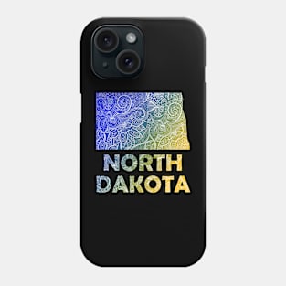 Colorful mandala art map of North Dakota with text in blue and yellow Phone Case