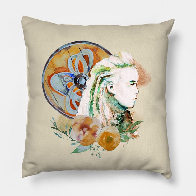 Designs for Warriors - Female Viking and Shield with Celtic Symbols Pillow by Underthespell