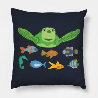 Happy Sea Turtle and Fish Swimming in the Sea Pillow