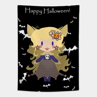 "Happy Halloween" Cute Blonde Halloween Lady Tapestry