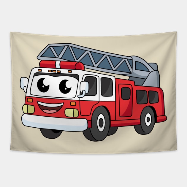 Cute happy fire engine cartoon Tapestry by Cartoons of fun