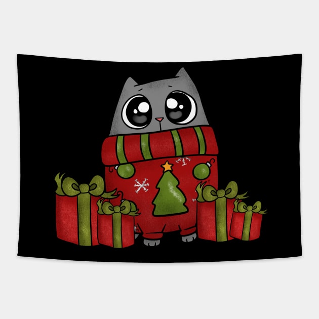 Ugly Sweater Christmas Cat with Gifts Presents Tapestry by Wanderer Bat