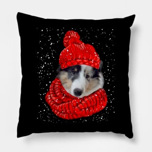 Sheltie Wearing Red Hat And Scarf In Snow Christmas Pillow