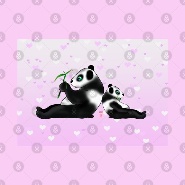 Two pandas eating bamboo on a pink background with hearts by cuisinecat