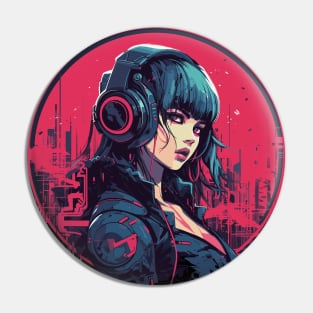 Cyberpunk Woman with Headphones listening to music Pin