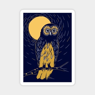 Deep blue and gold linocut of an owl on a moonlit night Magnet