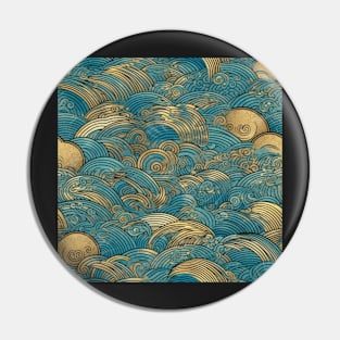 Japanese Gold and Teal Waves Pin