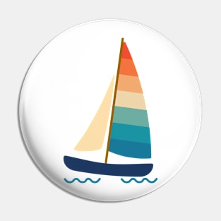 Beach Catamaran sailboat in summer. Retro 70s and 80s color style on white background. Pin