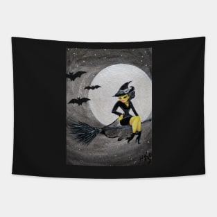 Happy Halloween Witch Sitting on a Broom Tapestry