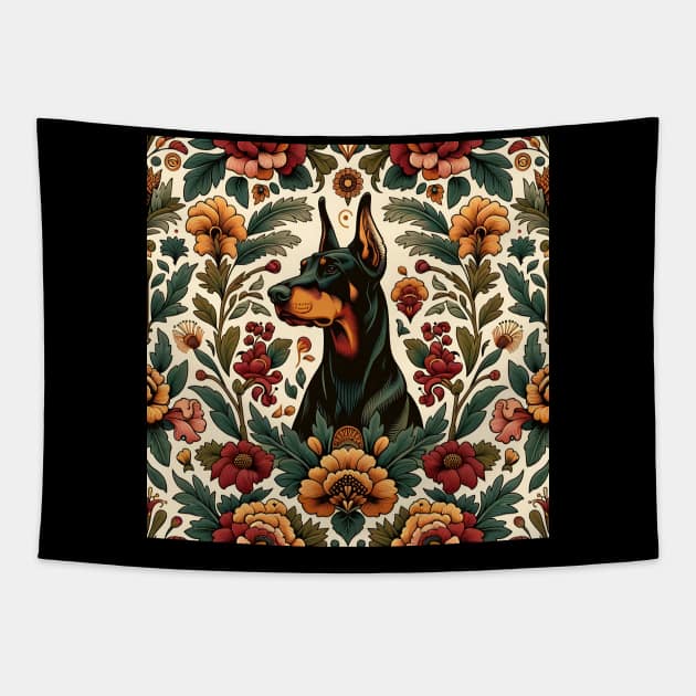 Dobermann in floral design Tapestry by Drew-Drew