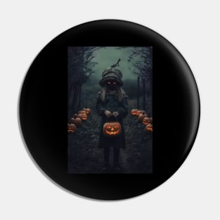 cursed girl with scary eyes and pumpkin, halloween design Pin