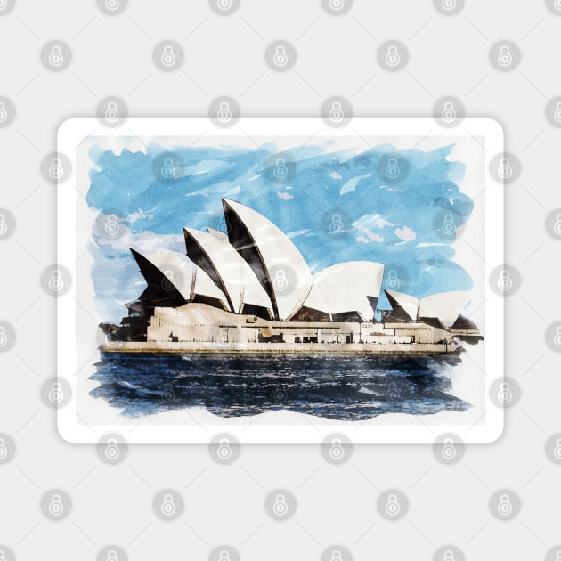 Sydney Australia Aussie Opera House Waterfront Watercolour Travel Wanderlust Painting Magnet by Naumovski