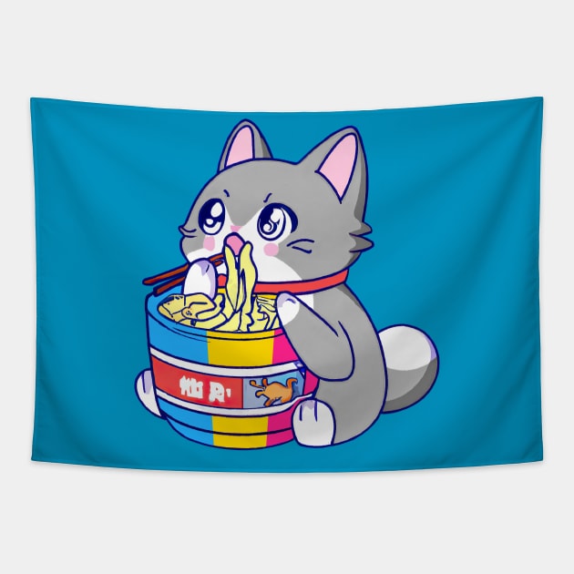 Pansexual Flag Cat Kawaii Anime Eating Ramen Noodles Japanese Kitty LGBT LGBTQ Tapestry by GraviTeeGraphics