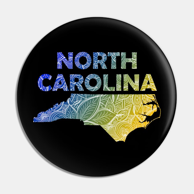 Colorful mandala art map of North Carolina with text in blue and yellow Pin by Happy Citizen